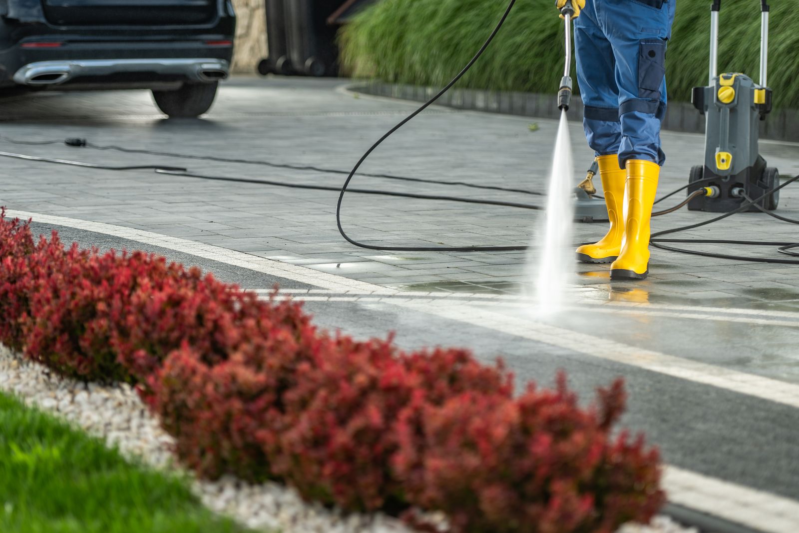 Driveway surface being washed at close range