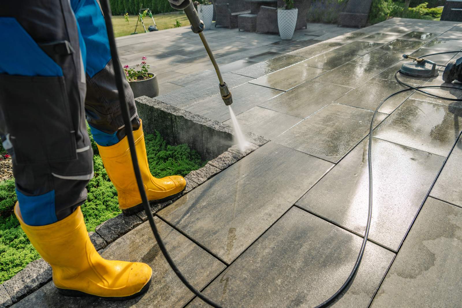 Patio being pressure washed on a sunny day